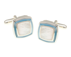 925 Sterling Silver Blue White Mother of Pearl Picture Frame Cufflinks