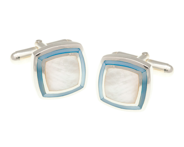 925 Sterling Silver Blue White Mother of Pearl Picture Frame Cufflinks