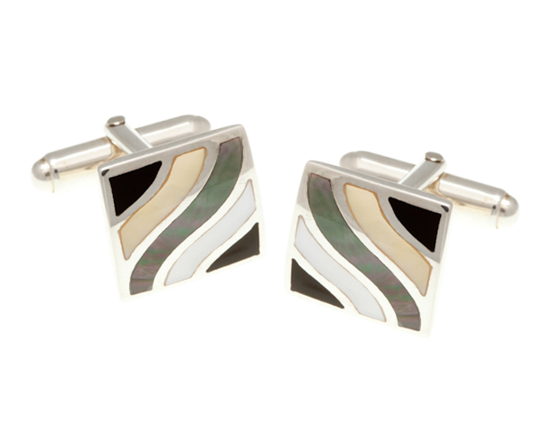 925 Sterling Silver Subtle Wave Multi Mother of Pearl Onyx Cufflinks