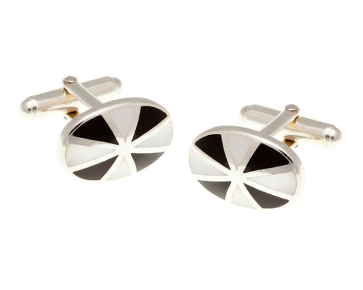 925 Sterling Silver Sunray Mother of Pearl Onyx Cufflinks