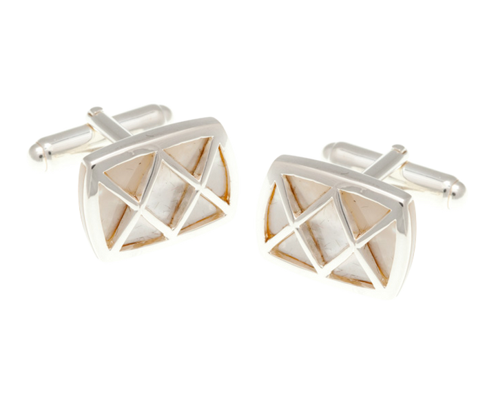 925 Sterling Silver Rectangle Criss Cross White Mother Of Pearl Cufflinks