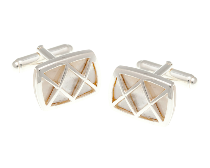 925 Sterling Silver Rectangle Criss Cross White Mother Of Pearl Cufflinks