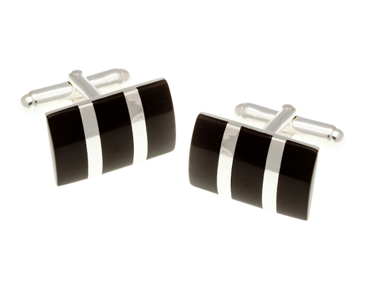 925 Sterling Silver Rectangular Striped Onyx Cufflinks