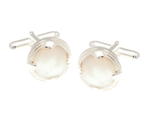 925 Sterling Silver Leaf Edged Round Mother Of Pearl Cufflinks