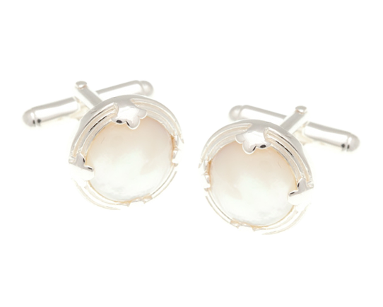 925 Sterling Silver Leaf Edged Round Mother Of Pearl Cufflinks