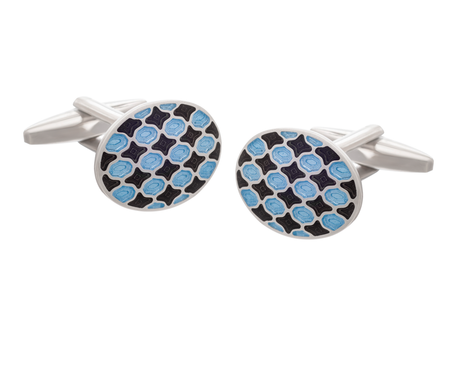 Harlequin Black and Blue  Oval Cufflinks